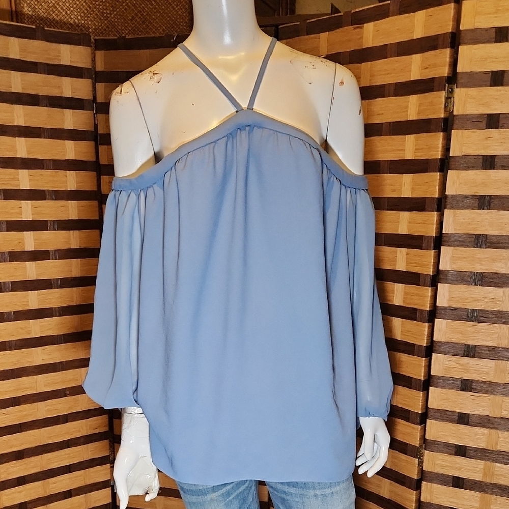 1. STATE Dusty Blue Cold Shoulder Blouse